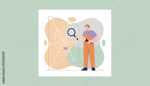Pest control specialist inspecting spiderweb with magnifying glass and flashlight Home maintenance concept