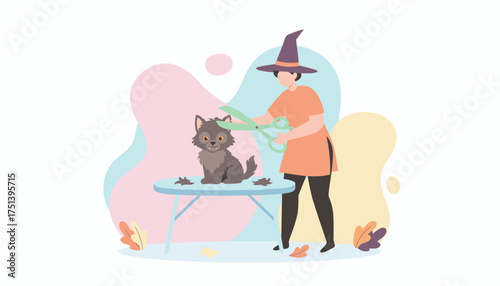 Person in witch hat grooming a cute spooky pet on a table Pet care during autumn