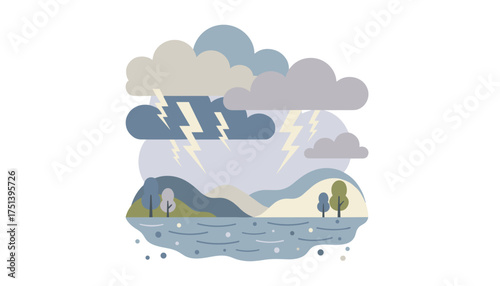 Illustrative stormy landscape with lightning clouds hills and lake Natures power