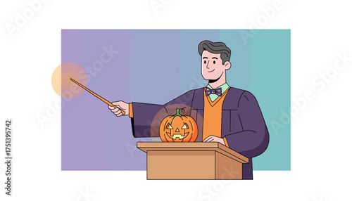 Animated wizard with glowing wand and jackolantern on a podium Halloween event