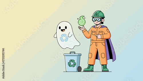 Ecohero and friendly ghost champion recycling and clean energy for sustainability