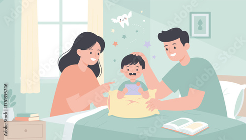 Smiling parents with son celebrating a lost tooth and a tooth fairy visit at home