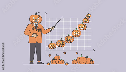 Pumpkinheaded manager explains Halloween sales growth on a chart perfect for holiday business concepts