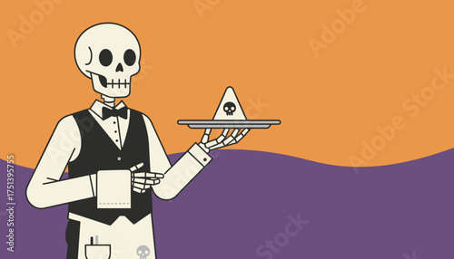 Cartoon skeleton waiter presents a skull warning sign on a tray Halloween danger humor