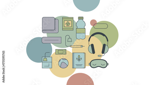 Flat lay illustration of travel comfort essentials blanket water headphones sleep mask book