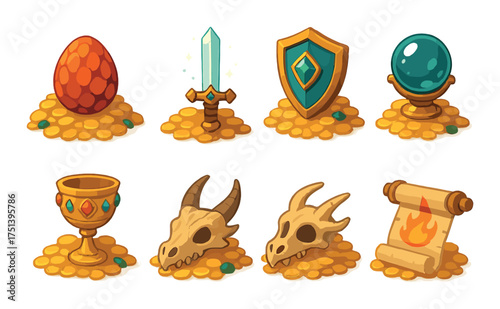 Fantasy treasure hoard: dragon egg, sword, shield, crystal ball, chalice, skulls, scroll