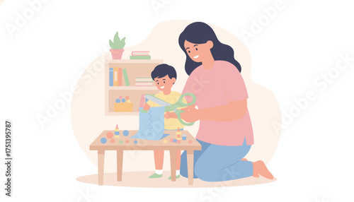 Mother and son happily cutting paper for crafts promoting childhood learning and creativity