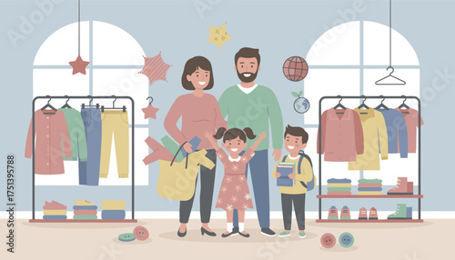 Happy family shopping for new clothes Joyful kids parents retail lifestyle backtoschool