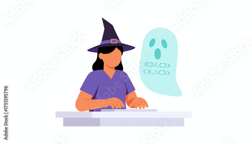Programmer witch solving a software bug represented by a ghost Halloween tech concept