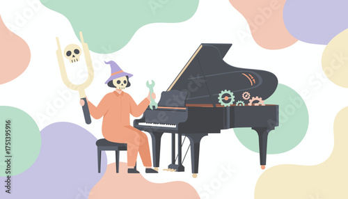 Whimsical skeleton musician tuning a grand piano with a wrench and skull tuning fork