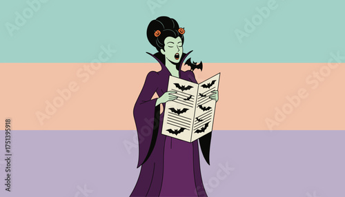 Vampire woman singing from batthemed sheet music perfect for Halloween fun and spooky themes