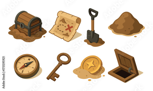 Treasure hunt elements: chest map shovel compass key coin hatch