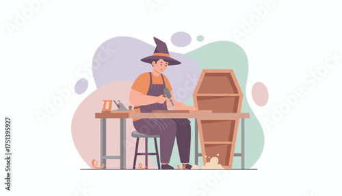 A person in a witch hat carves wood for a coffinshaped shelf blending craft with Halloween spirit
