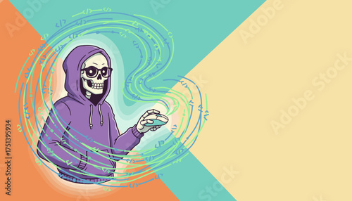 Skeleton coder in hoodie with glasses holding a mouse amidst swirling code symbols Technology concept