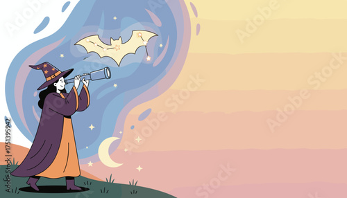 Witch observing a bat constellation through a telescope symbolizing magic wonder and exploration