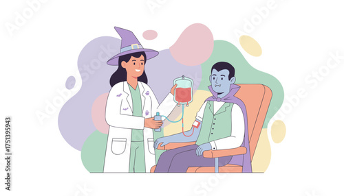 Witch doctor giving blood transfusion to a happy vampire for Halloween Healthcare and fantasy