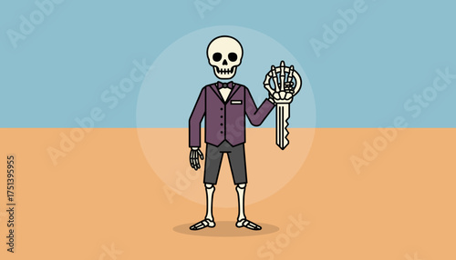Stylized skeleton in formal wear holds a key conveying mystery access solution or opportunity