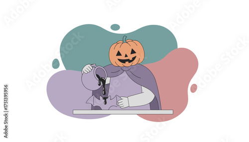 Spooky Halloween character with pumpkin head pouring dark liquid onto a bat decoration festive autumn