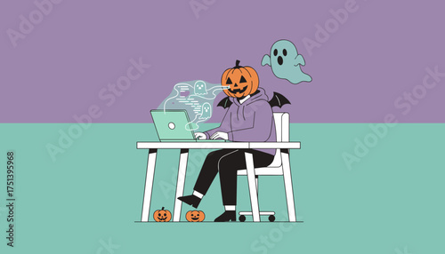 Pumpkinheaded person typing on laptop ghostly spirits emerging Spooky Halloween digital work concept
