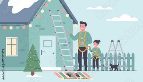 Happy family hanging Christmas lights promoting home holiday safety and teamwork