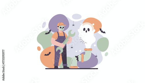 Halloween costumed worker with skull mask fixes spooky broken pipe with a ghost Seasonal repair fun