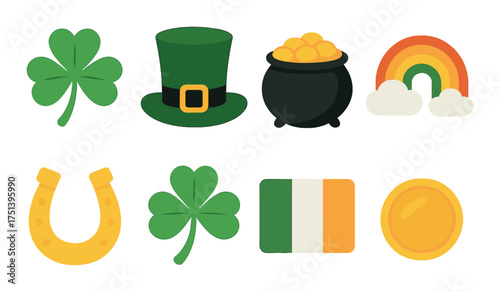 St. patrick's day symbols: shamrock, leprechaun hat, pot of gold, rainbow, horseshoe, ireland flag, coin