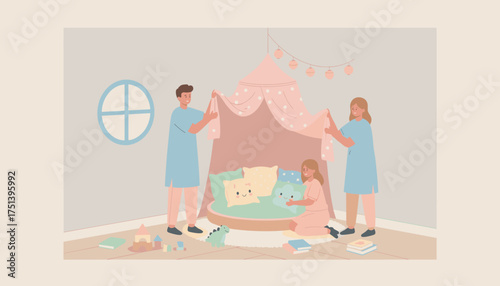 Happy family setting up a cozy play tent in a childs room fostering imagination and home comfort