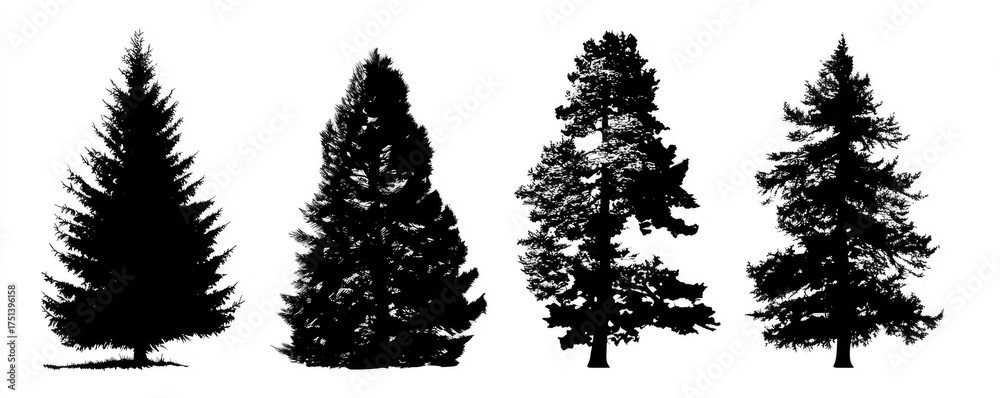 Fototapeta premium Silhouette Black Coniferous Trees In Row Against White Background Minimalist Design