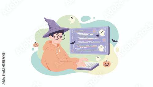 Halloween programmer coding with spooky errors Tech development and holiday concept
