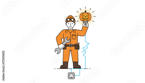 Electrician connecting a glowing Halloween pumpkin light bulb to a power outlet Electrical concept