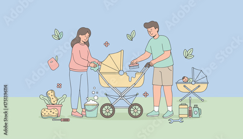 Happy parents clean and maintain baby stroller Parenthood family care and teamwork
