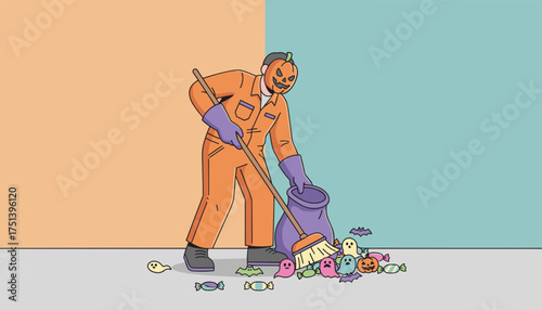 Person in pumpkin mask sweeping Halloween candy and spooky elements into a bag