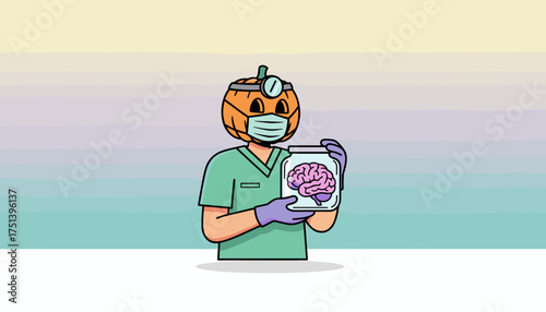Quirky pumpkin doctor holds a brain in a jar perfect for Halloween medical or science themes