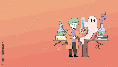 A scientist and friendly ghost conduct a fun Halloween experiment with lab equipment and books