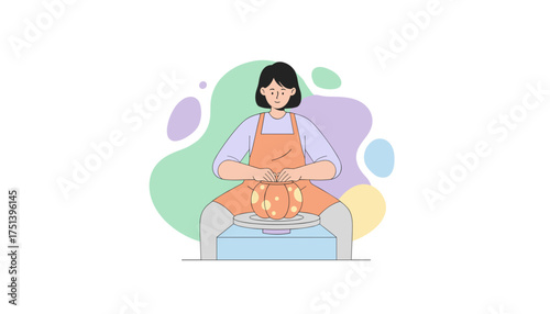 Woman crafting a unique pot on a pottery wheel Creative hobby handmade art design relaxation