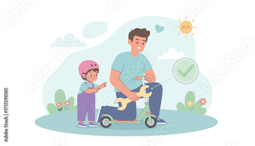 Father and daughter happily fix scooter outdoors Family bonding learning and fun childhood moment
