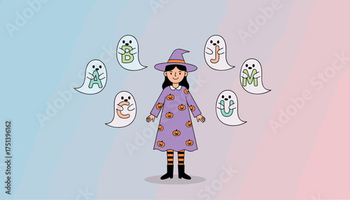 Cute witch and friendly ghosts holding alphabet letters Fun Halloween education for kids