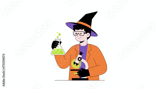 Young scientist in witch hat with bubbling flask and microscope Science Halloween learning concepts