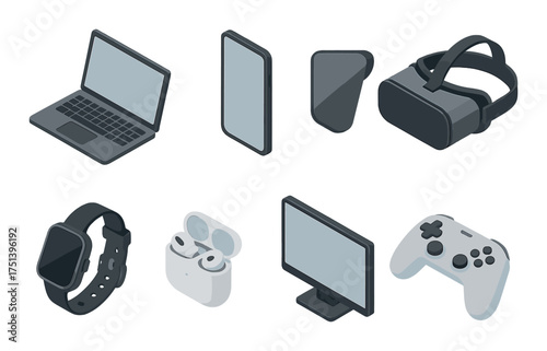 Isometric technology icons: laptop, smartphone, tablet, vr headset, smartwatch, earbuds, monitor, game controller