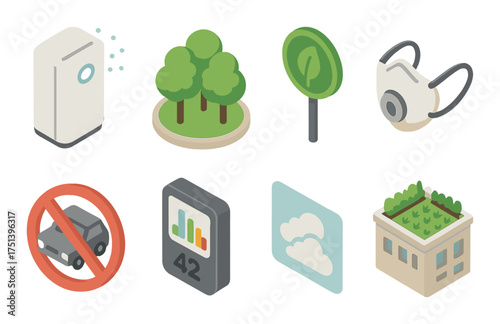 Sustainable city icons: air purifier, green energy, pollution mask, eco buildings