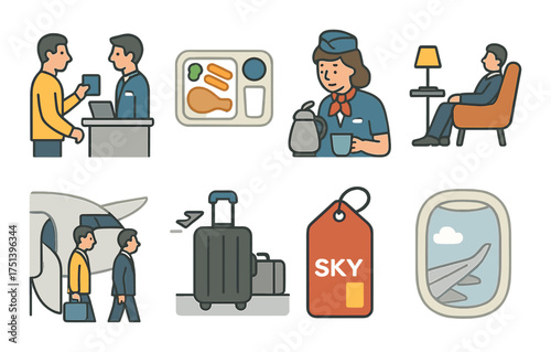 Air travel experience: check-in, in-flight service, boarding, luggage, and window views