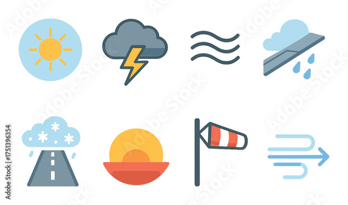 Colorful weather icons depicting sun, clouds, wind, and rain elements