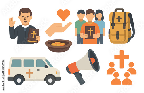 Modern church outreach icons featuring priest and congregation with symbols of faith and community