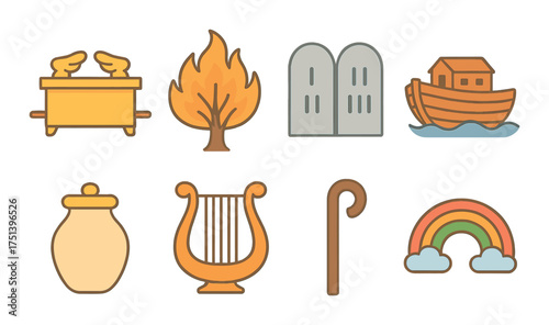 Colorful biblical symbols featuring ark, stone tablets, fire, rainbow, and other iconic images