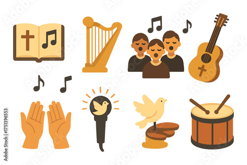 Religious music elements with singing worshippers and instruments