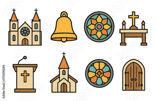Church icons: bell, stained glass, altar, lectern, door