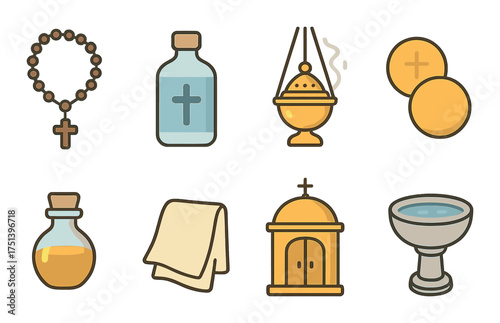 Symbols of christian sacraments: rosary, holy water, chalice, host, oil, cloth, church, baptismal font