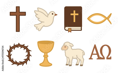 Christian symbols: cross, dove, bible, fish, crown, chalice, lamb, alpha omega