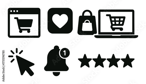 E-commerce icons: shopping cart, heart, bag, laptop, cursor, bell, stars