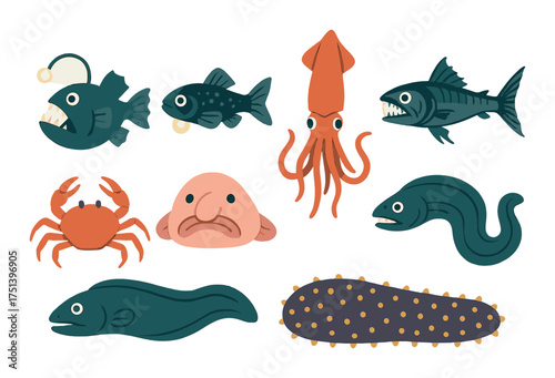 Colorful cartoon sea creatures and deep-sea fish with squid and eel